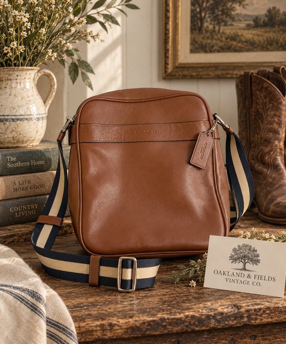 Vintage Coach Brown Leather Crossbody Bag | Navy & Cream Stripe Strap | USA Made